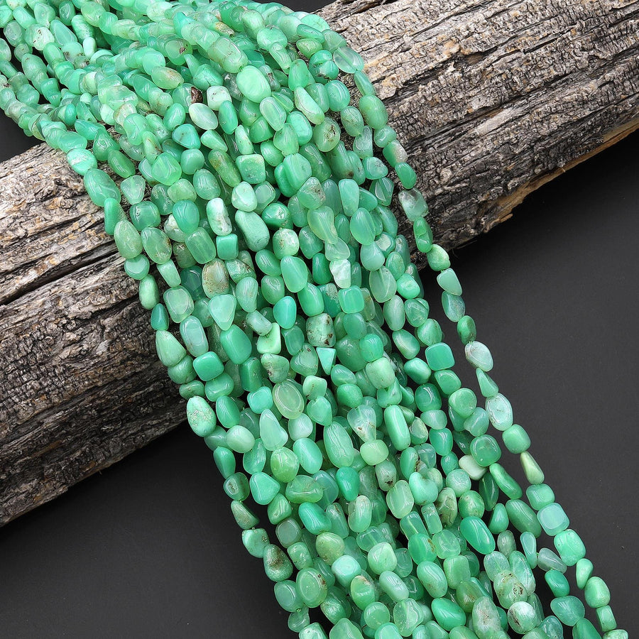 Natural Australian Green Chrysoprase Beads Freeform Pebble Nuggets Vertically Drilled 15.5" Strand