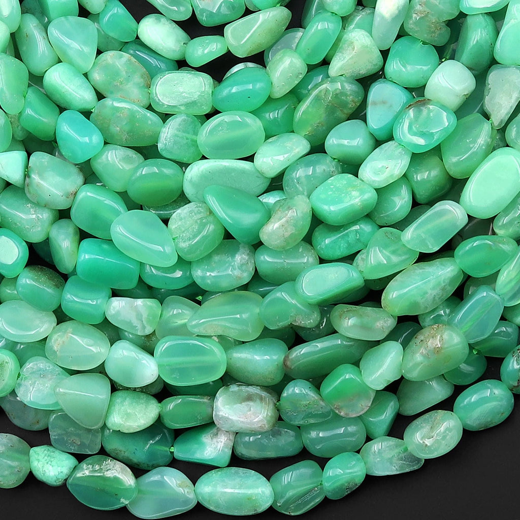 Natural Australian Green Chrysoprase Beads Freeform Pebble Nuggets Vertically Drilled 15.5" Strand
