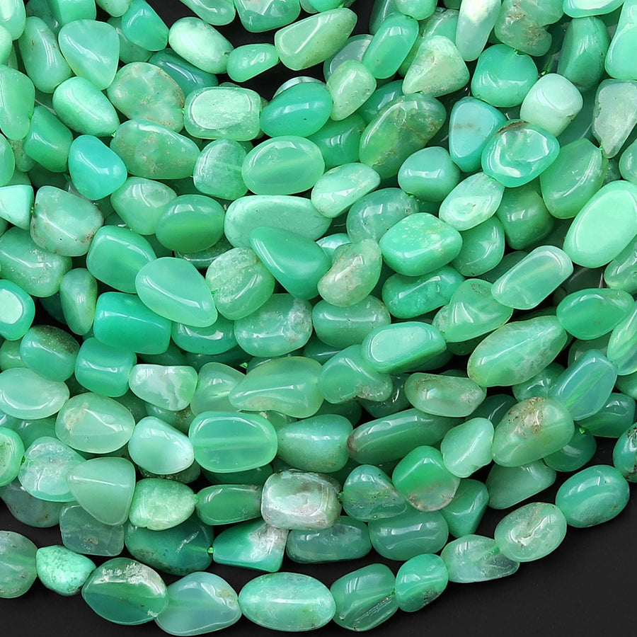 Natural Australian Green Chrysoprase Beads Freeform Pebble Nuggets Vertically Drilled 15.5" Strand