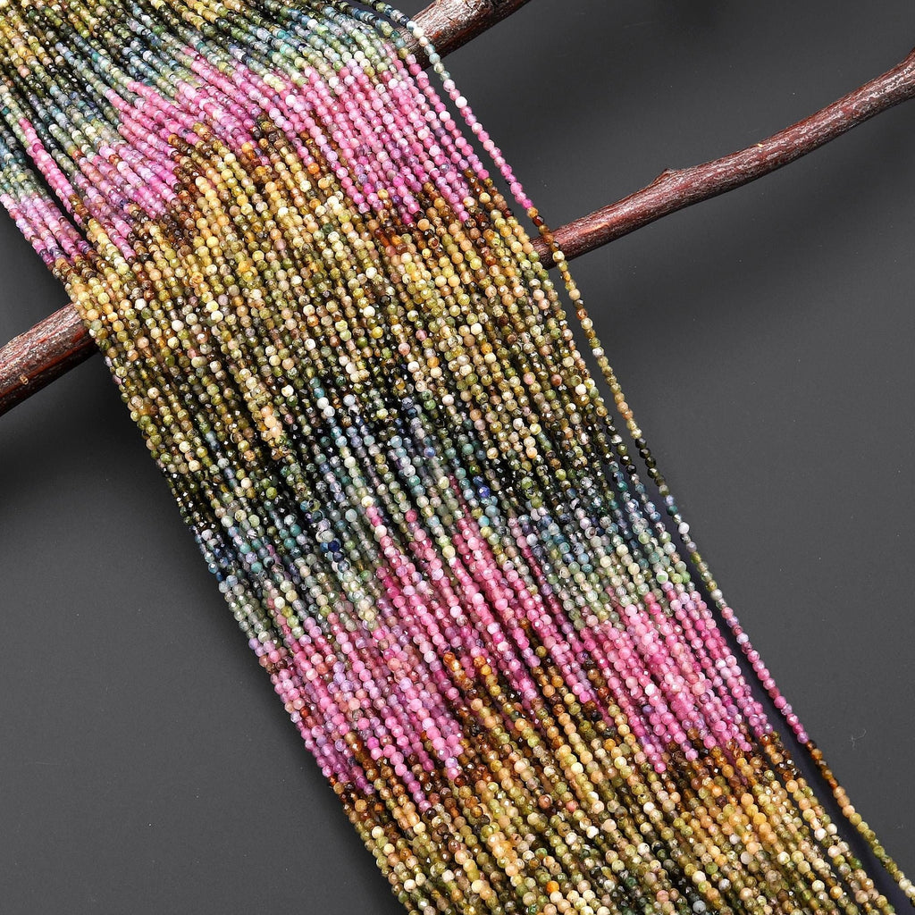 Faceted Natural Pink Green Blue Paraiba Brown Tourmaline 2mm Round Beads Ombre Gemstone 15.5" Strand