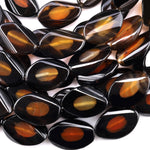 Tibetan Agate Black Brown Wavy Oval Eye Design Beads 14" Strand