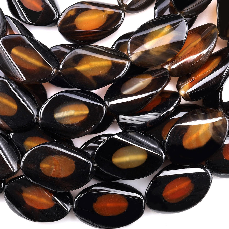 Tibetan Agate Black Brown Wavy Oval Eye Design Beads 14" Strand