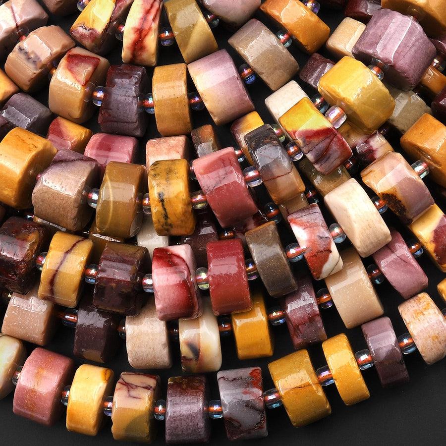Natural Australian Mookaite Smooth Thick Rondelle Wheel Beads Sunset Colors 15.5" Strand