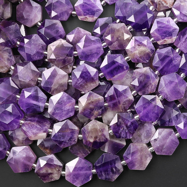 AAA Faceted Natural Chevron Amethyst Geometric Hexagon Coin 13mm Gemstone 15.5" Strand