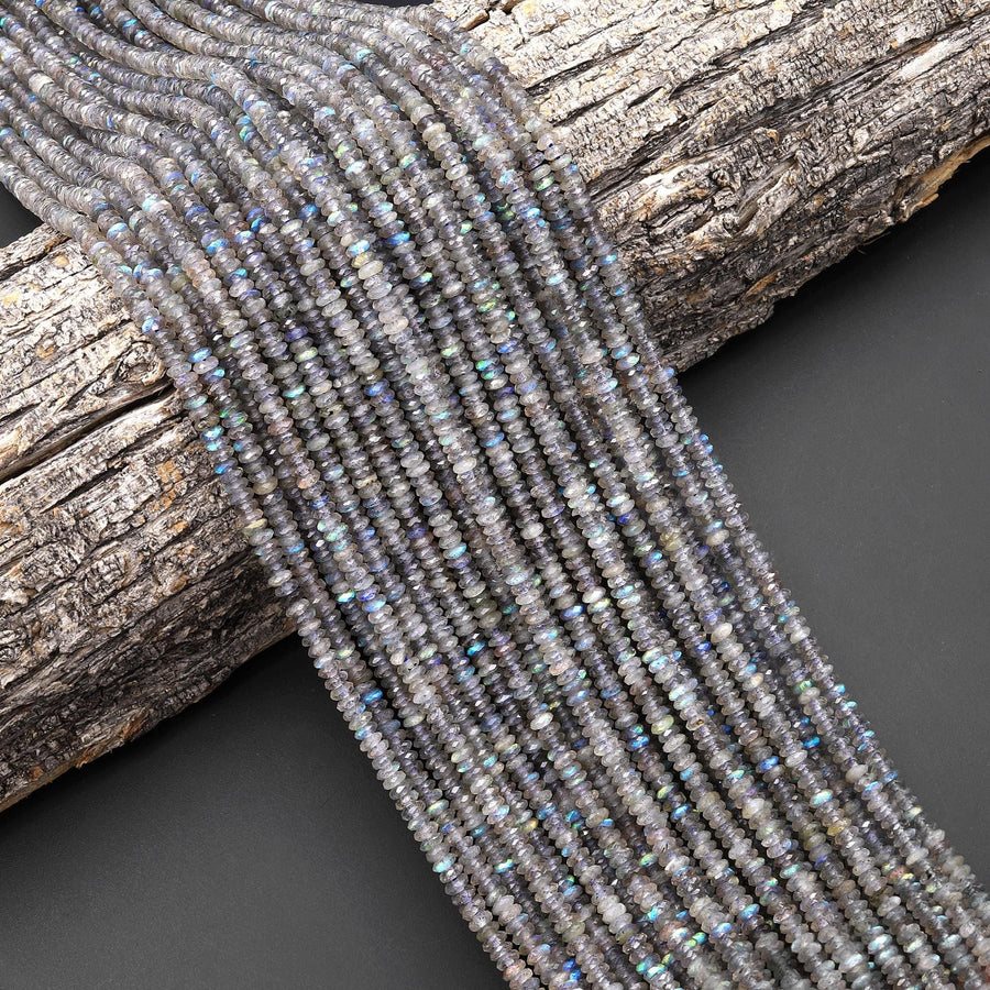 AAA Faceted Natural Labradorite 4mm Thin Rondelle Beads 15.5" Strand