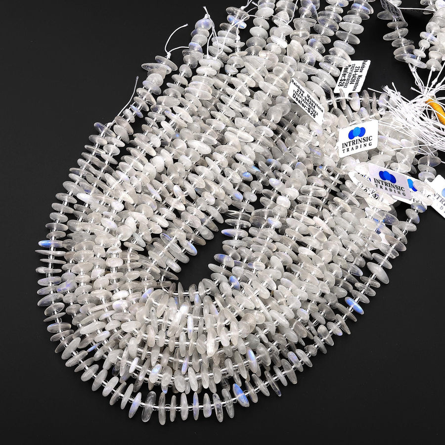 AAA Natural Blue Rainbow Moonstone Beads Center Drilled Freeform Thin Rondelle Disc 15.5" Strand