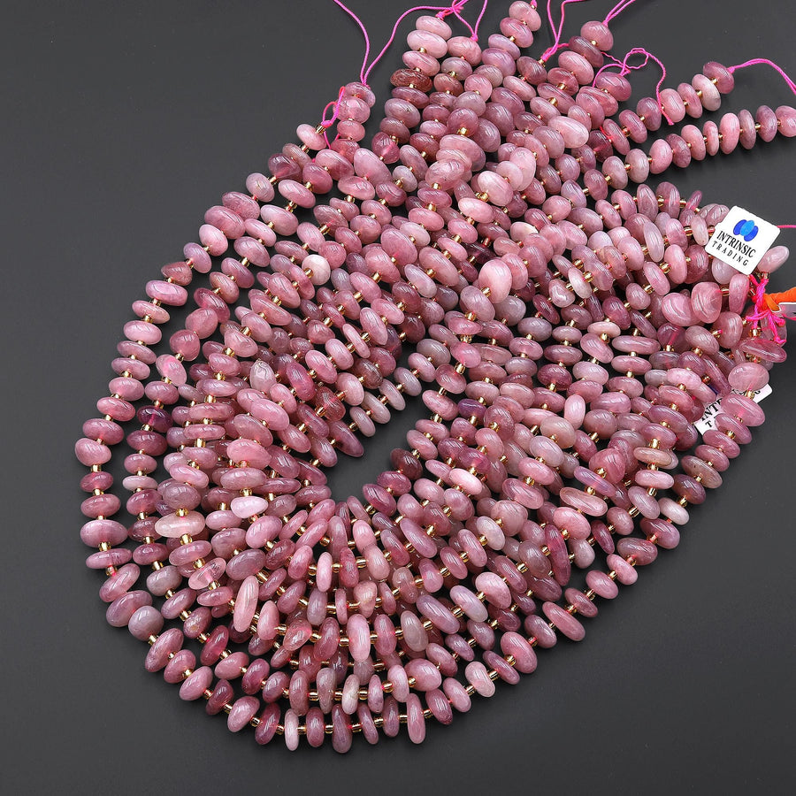 Natural Madagascar Mauve Pink Rose Quartz Freeform Pebble Rondelle Beads Center Drilled Gemstone 15.5" Strand