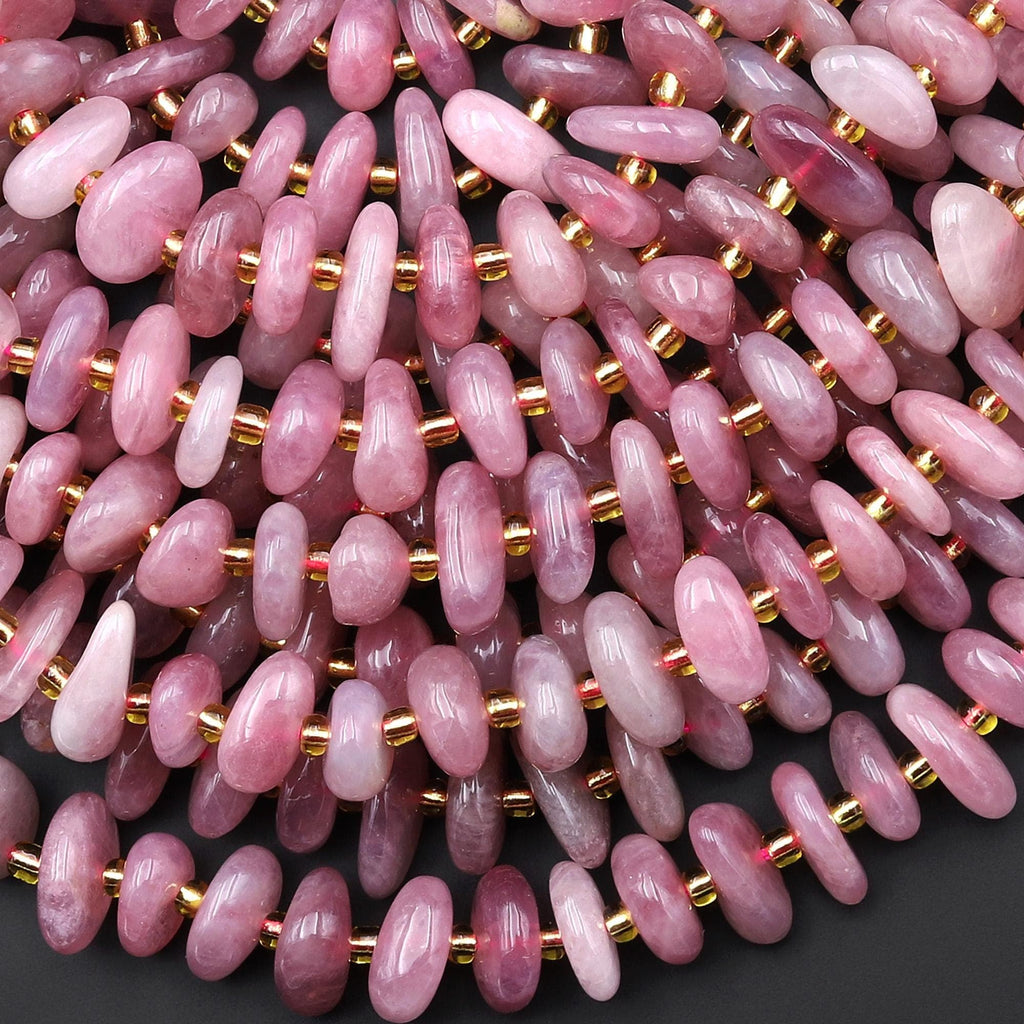 Natural Madagascar Mauve Pink Rose Quartz Freeform Pebble Rondelle Beads Center Drilled Gemstone 15.5" Strand