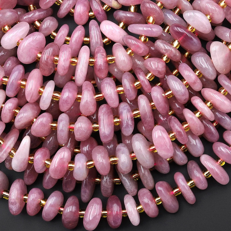 Natural Madagascar Mauve Pink Rose Quartz Freeform Pebble Rondelle Beads Center Drilled Gemstone 15.5" Strand