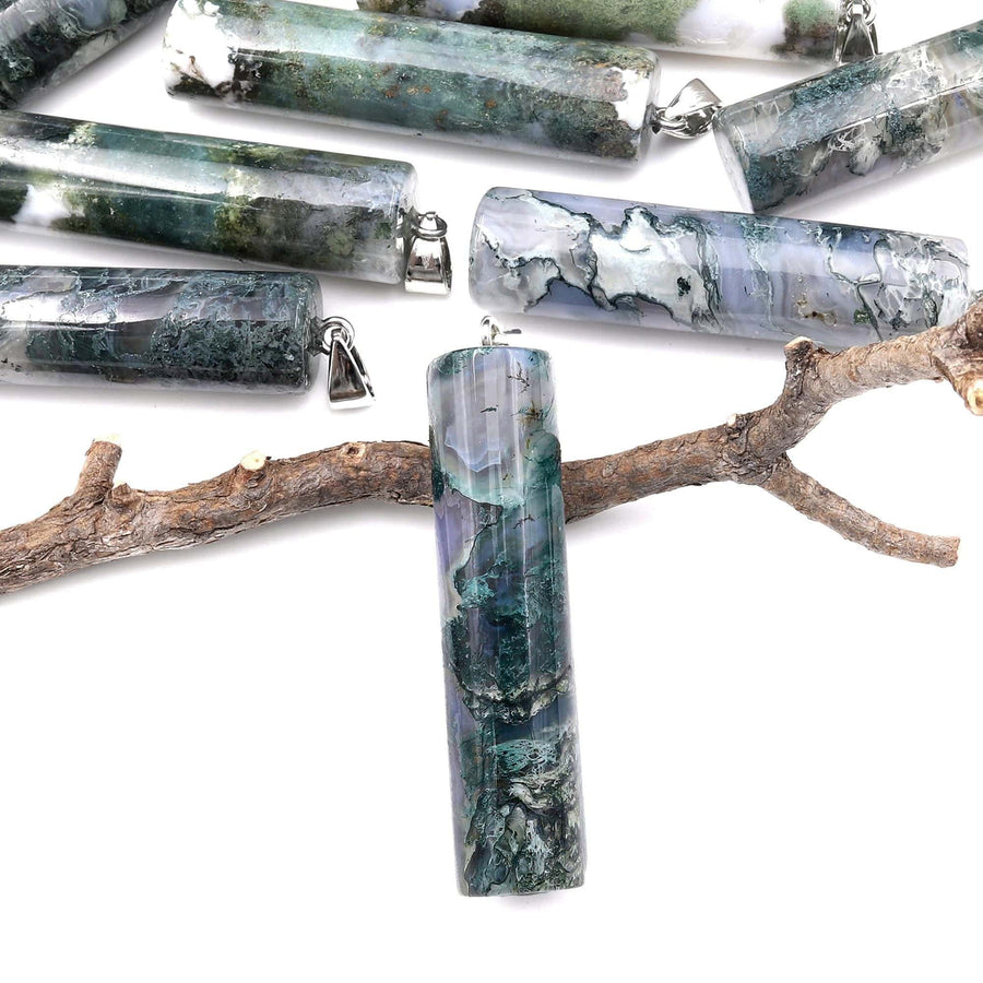 Natural Green Moss Agate Long Cylinder Pendant Natural Crystal Focal Bead A3