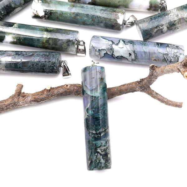 Natural Green Moss Agate Long Cylinder Pendant Natural Crystal Focal Bead A3