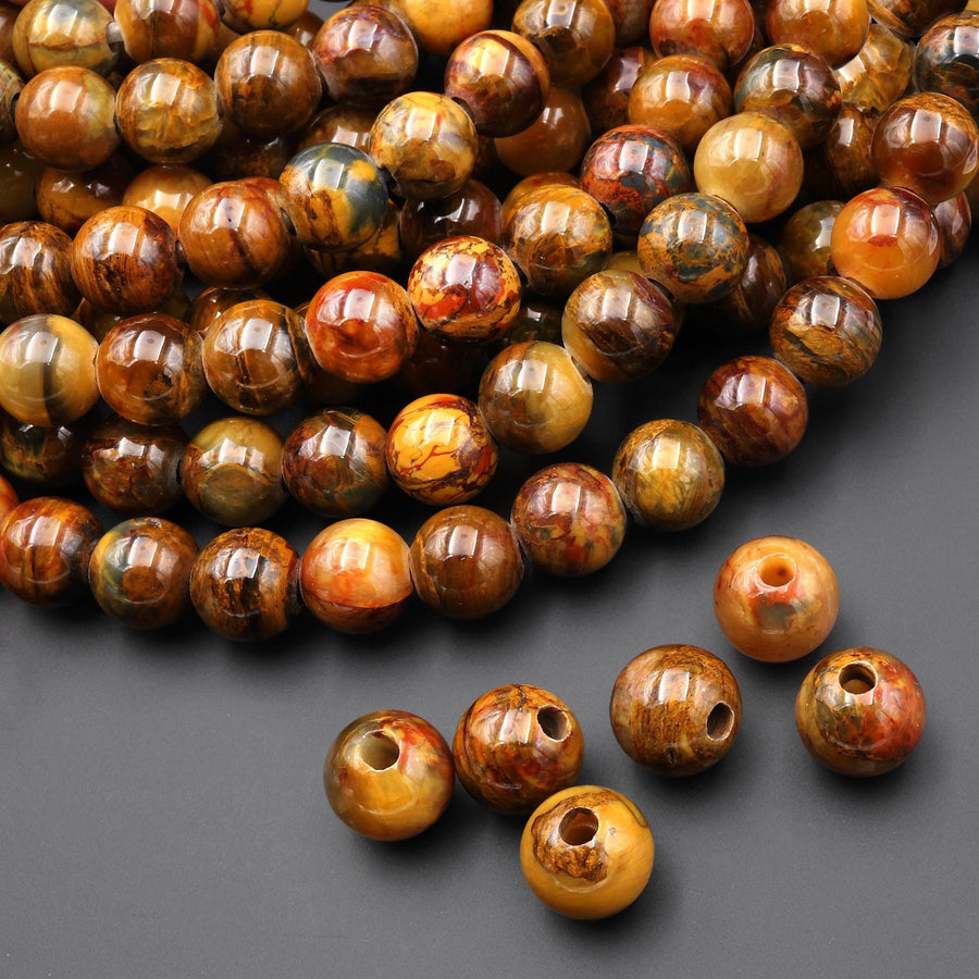 AAA Large Hole Beads 3mm Drill Natural Golden Pietersite 11mm 12mm Round Beads 8" Strand