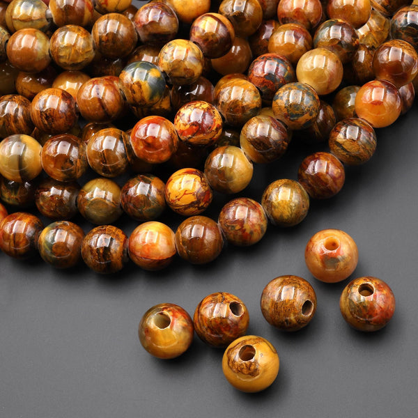 AAA Large Hole Beads 3mm Drill Natural Golden Pietersite 11mm 12mm Round Beads 8" Strand