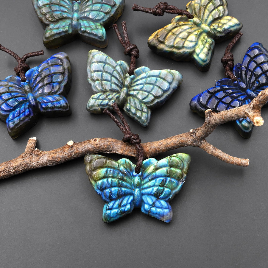 AAA Hand Carved Natural Labradorite Butterfly Pendant 3D A3