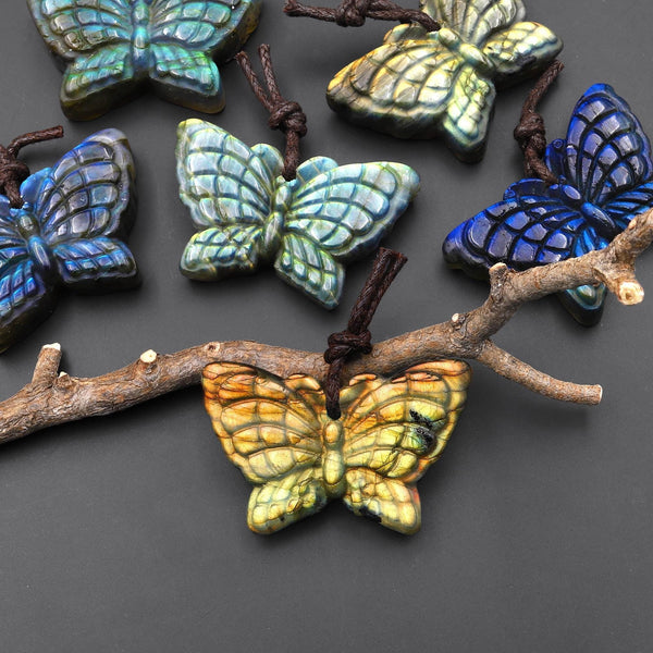 AAA Hand Carved Natural Labradorite Butterfly Pendant 3D A4