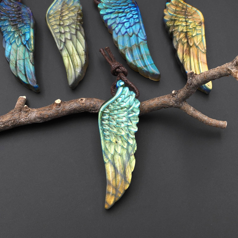 AAA Hand Carved Natural Labradorite Angel Wing Pendant Gemstone Focal Bead A5