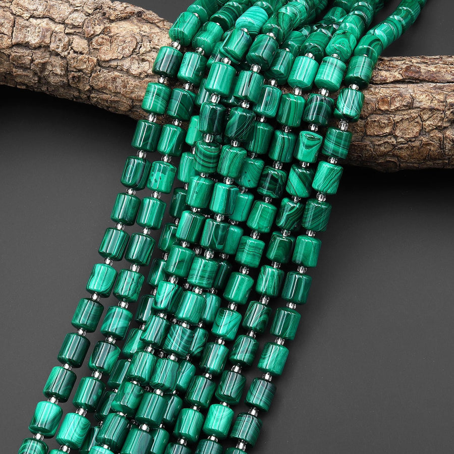 AAA Natural Green Malachite Smooth Tube Cylinder Beads 8x10mm 15.5" Strand