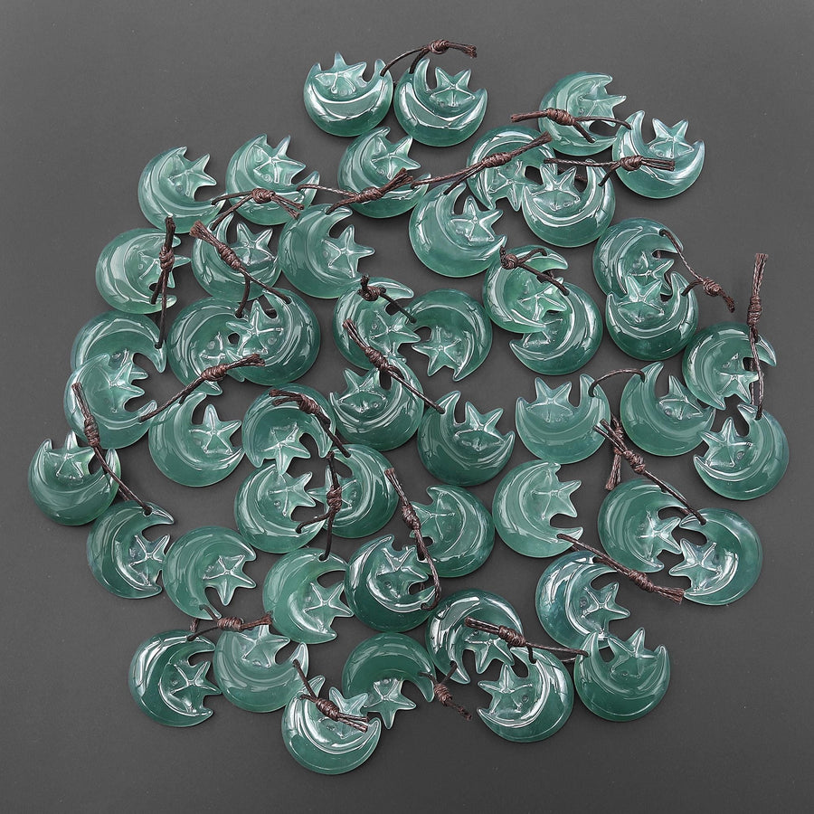 Hand Carved Natural Blue Green Guatemalan Jade Star and Moon Earrings Matched Gemstone Bead Pair