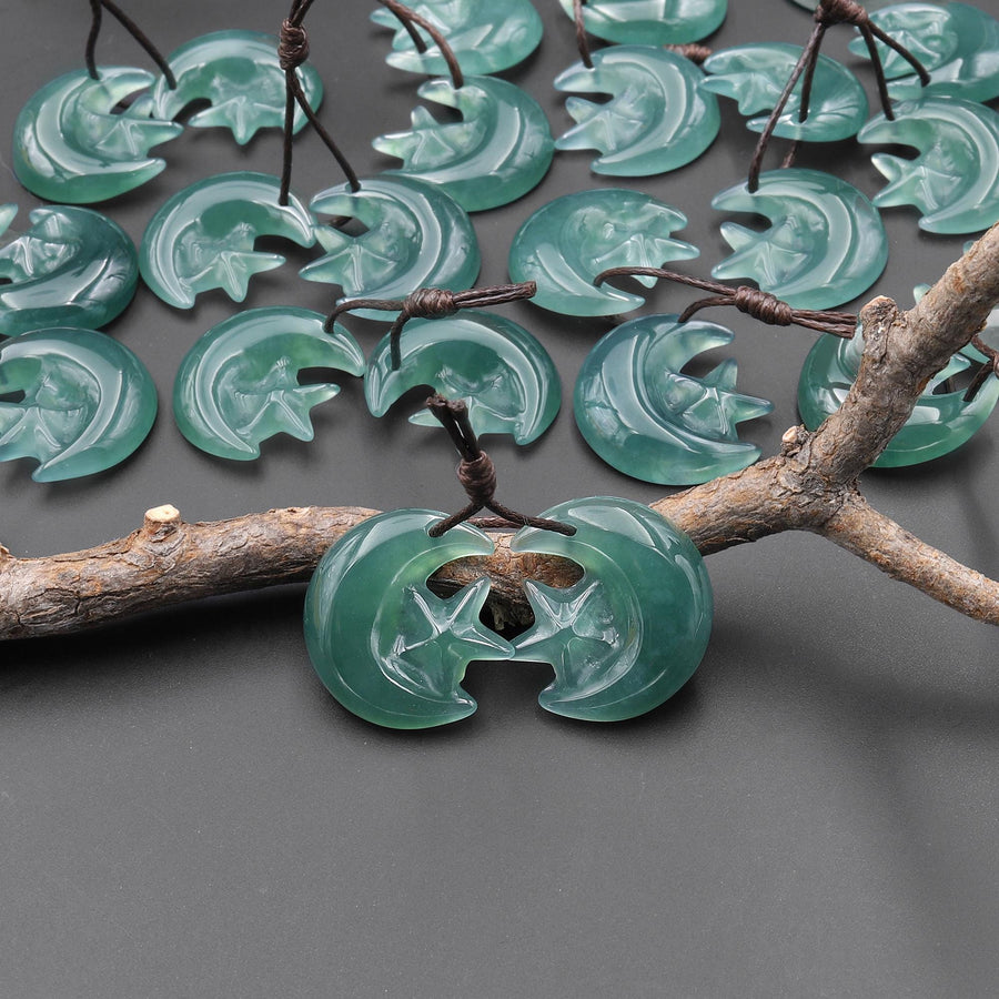 Hand Carved Natural Blue Green Guatemalan Jade Star and Moon Earrings Matched Gemstone Bead Pair