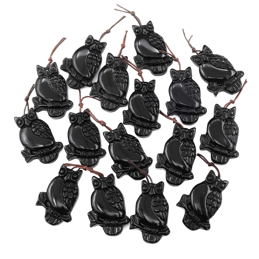 Hand Carved Natural Black Obsidian Owl Pendant Gemstone Animal Bead
