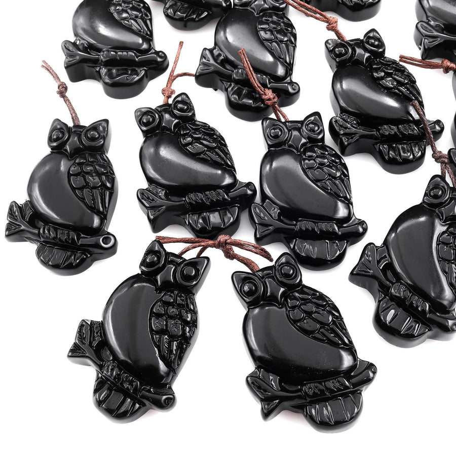 Hand Carved Natural Black Obsidian Owl Pendant Gemstone Animal Bead