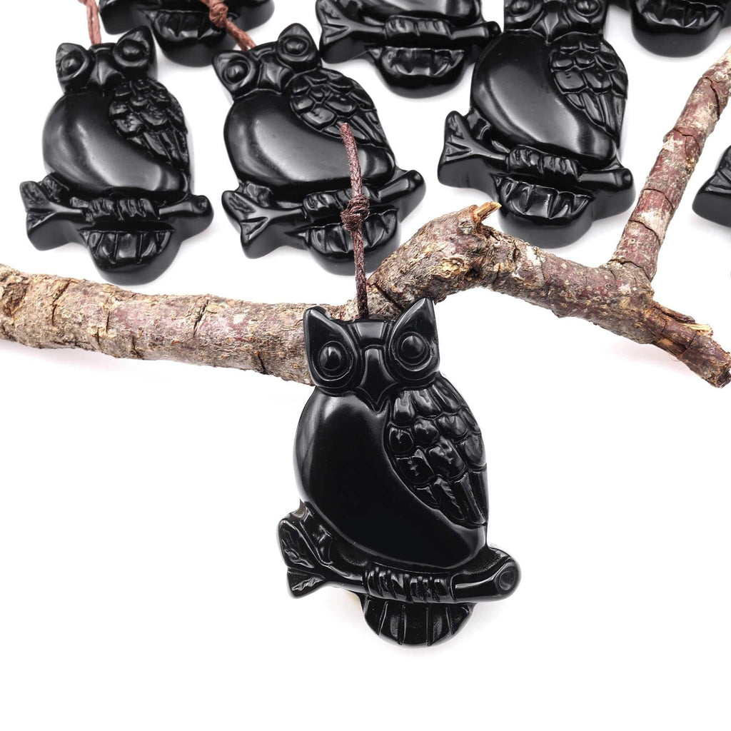 Hand Carved Natural Black Obsidian Owl Pendant Gemstone Animal Bead