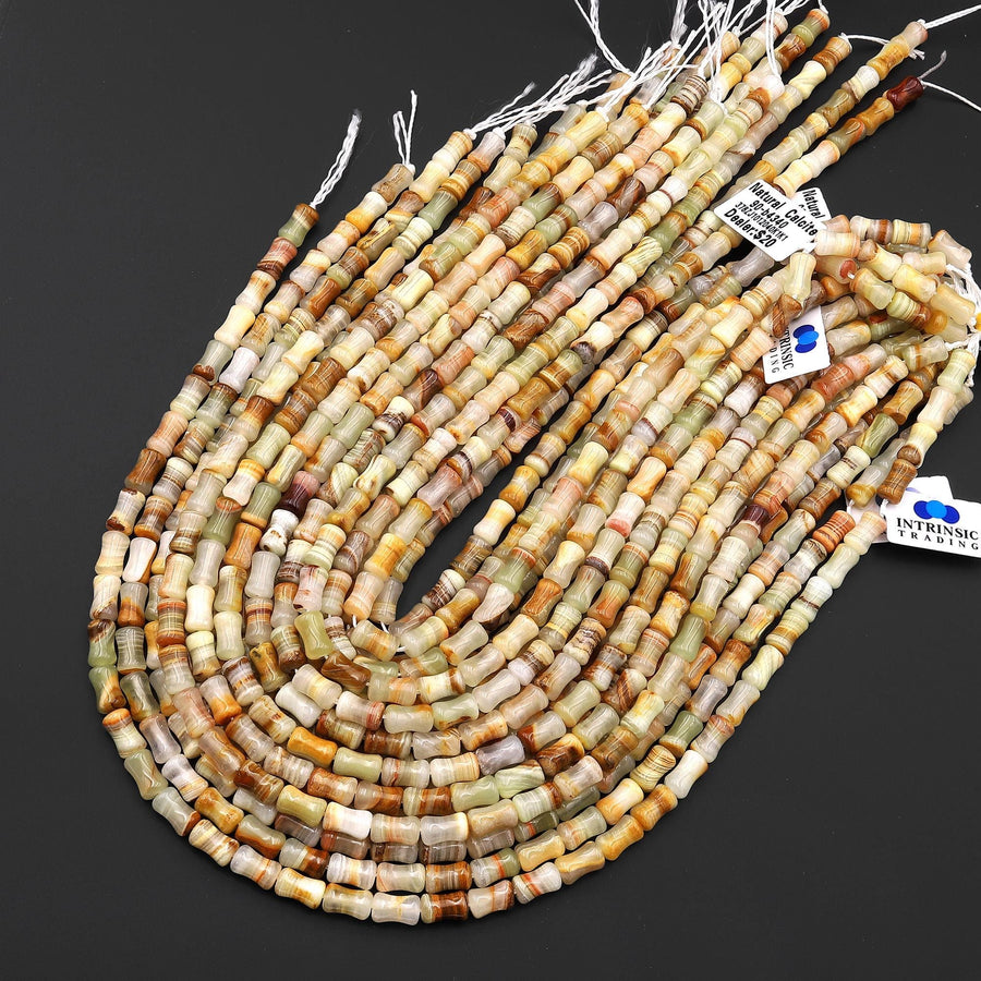 AAA Natural Green Brown Calcite Carved Bamboo Stem Tube Beads Aka Afghanistan Jade 15.5" Strand