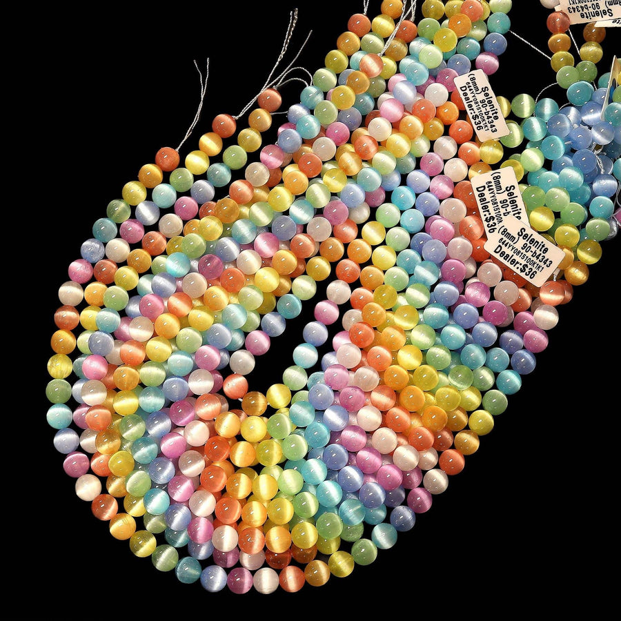 AAA Rainbow Selenite 6mm 8mm 10mm Round Beads High Quality Real Genuine Cat's Eye Selenite Gemstone 15.5" Strand