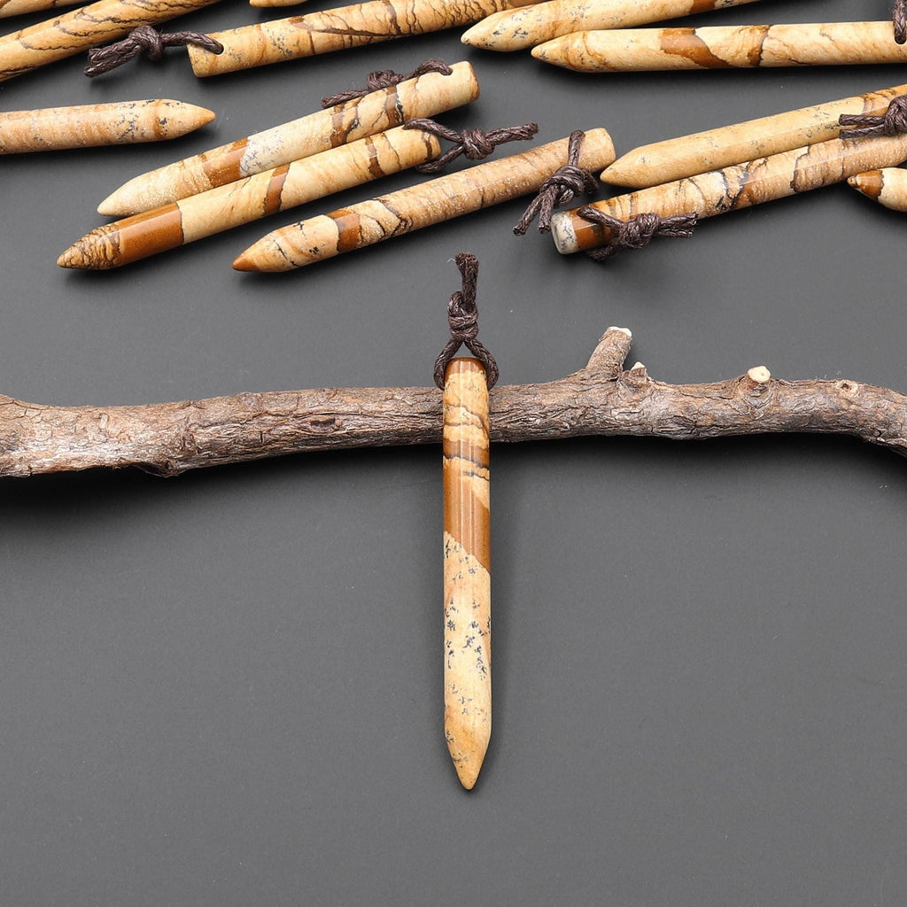 Natural Picture Jasper Thin Long Spike Top Side Drilled Pendant - Earth Tone Wands of Grounding Energy A3