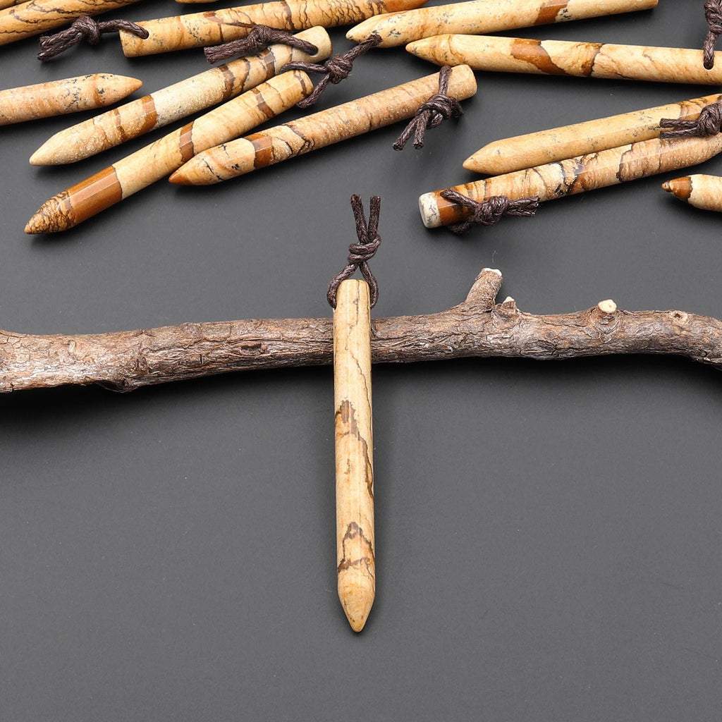 Natural Picture Jasper Thin Long Spike Top Side Drilled Pendant - Earth Tone Wands of Grounding Energy A4