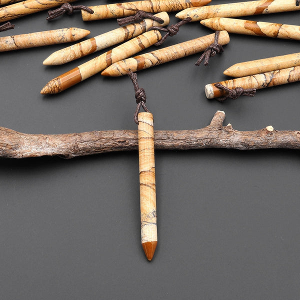 Natural Picture Jasper Thin Long Spike Top Side Drilled Pendant - Earth Tone Wands of Grounding Energy A5