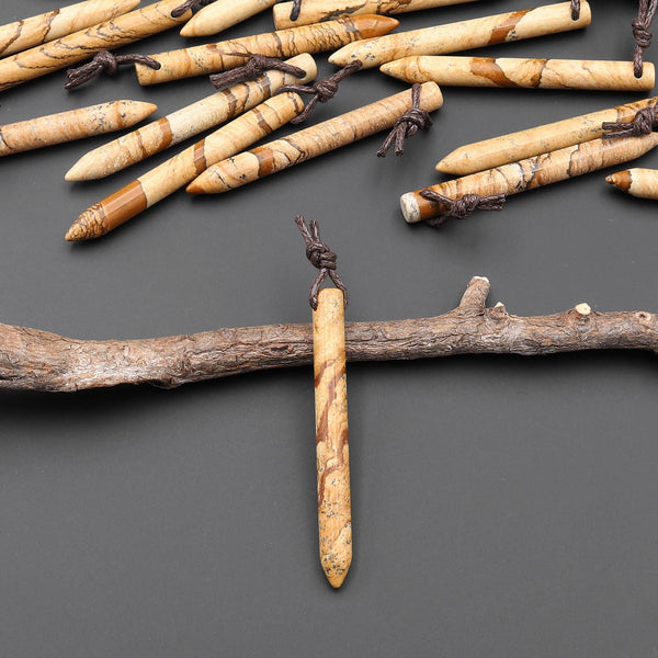 Natural Picture Jasper Thin Long Spike Top Side Drilled Pendant - Earth Tone Wands of Grounding Energy A6