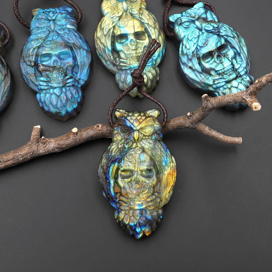 Flashy Blue Gold Green Fire Labradorite Owl Skull Pendant – Hand Carved Natural Gemstone, Protection Talisman, Unique Crystal Carving