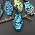 Flashy Blue Gold Green Fire Labradorite Owl Skull Pendant – Hand Carved Natural Gemstone, Protection Talisman, Unique Crystal Carving