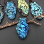 Flashy Blue Gold Green Fire Labradorite Owl Skull Pendant – Hand Carved Natural Gemstone, Protection Talisman, Unique Crystal Carving