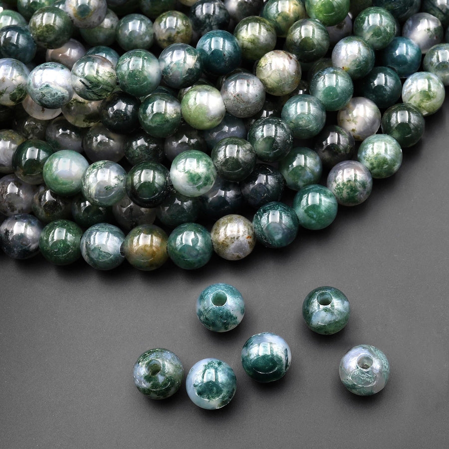 AAA Large Hole Beads 2mm 3mm Drill Natural Green Moss Agate 8mm 10mm Round Beads 8" Strand