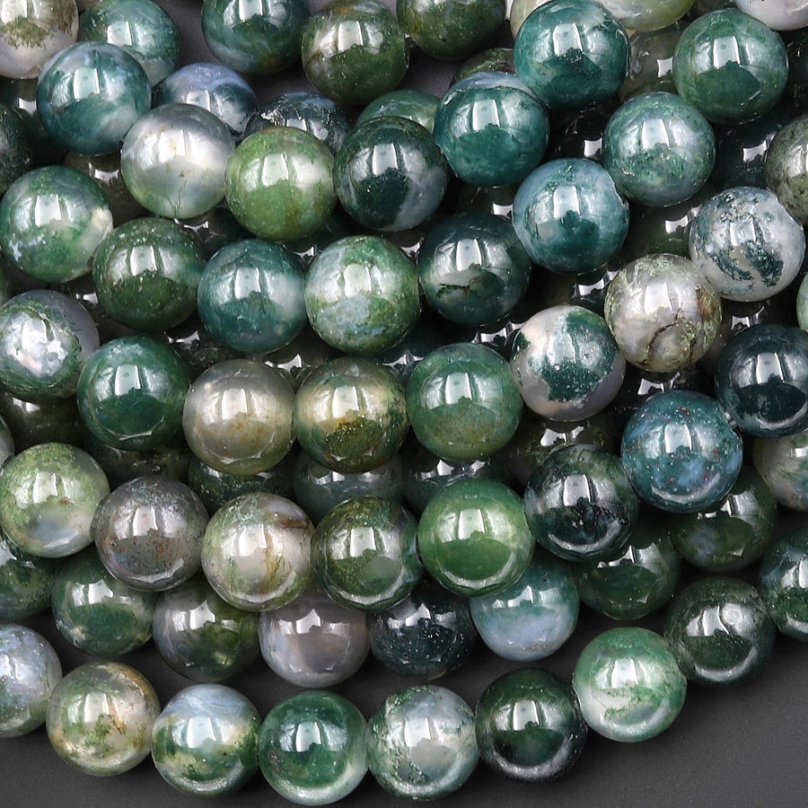 AAA Large Hole Beads 2mm 3mm Drill Natural Green Moss Agate 8mm 10mm Round Beads 8" Strand