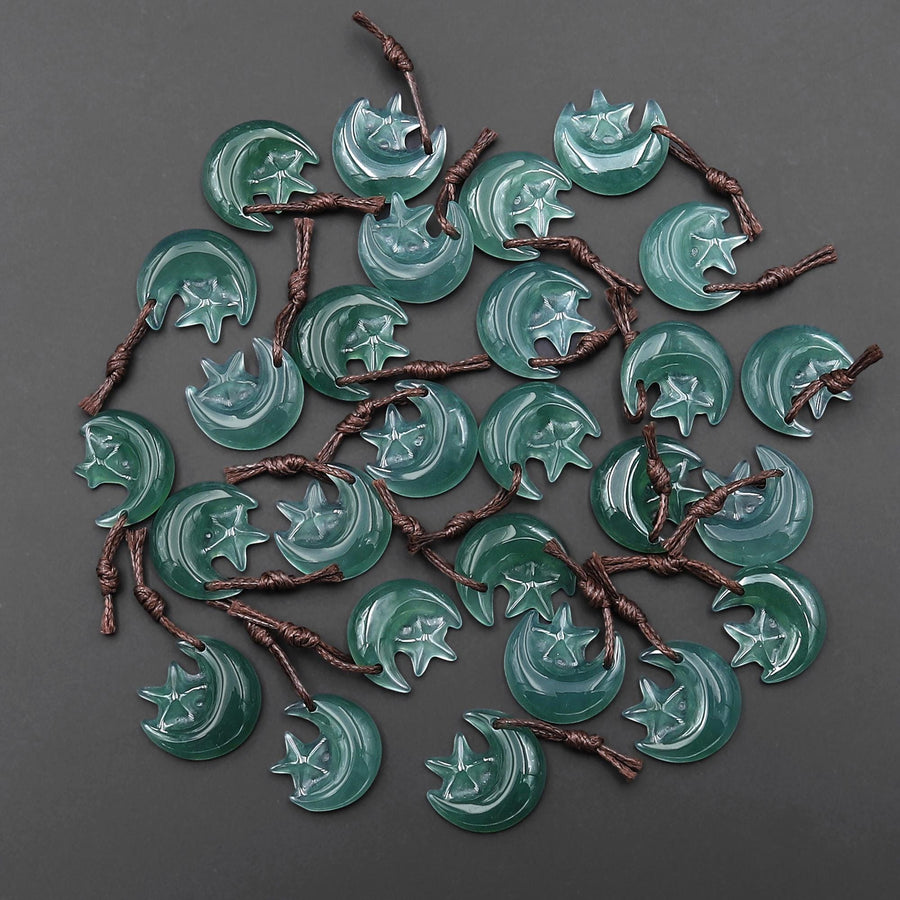 Hand Carved Natural Blue Green Guatemalan Jade Star and Moon Pendant