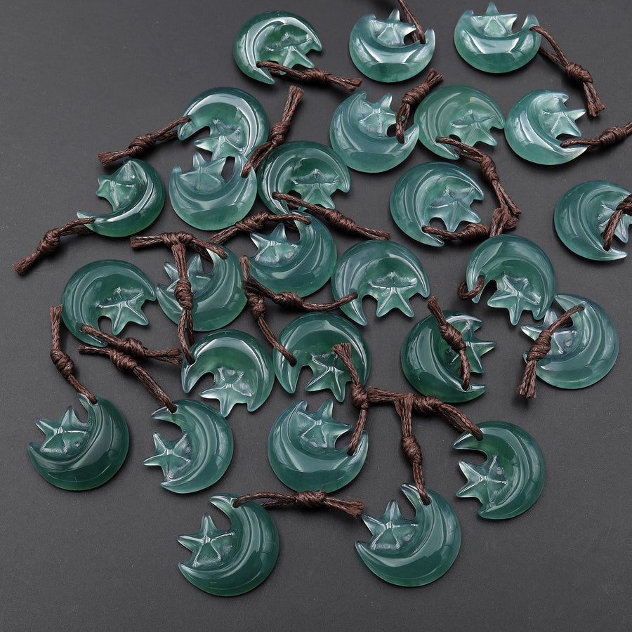 Hand Carved Natural Blue Green Guatemalan Jade Star and Moon Pendant