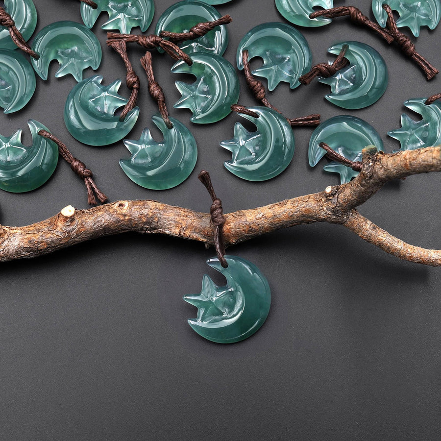 Hand Carved Natural Blue Green Guatemalan Jade Star and Moon Pendant A1