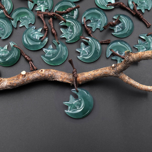 Hand Carved Natural Blue Green Guatemalan Jade Star and Moon Pendant A1