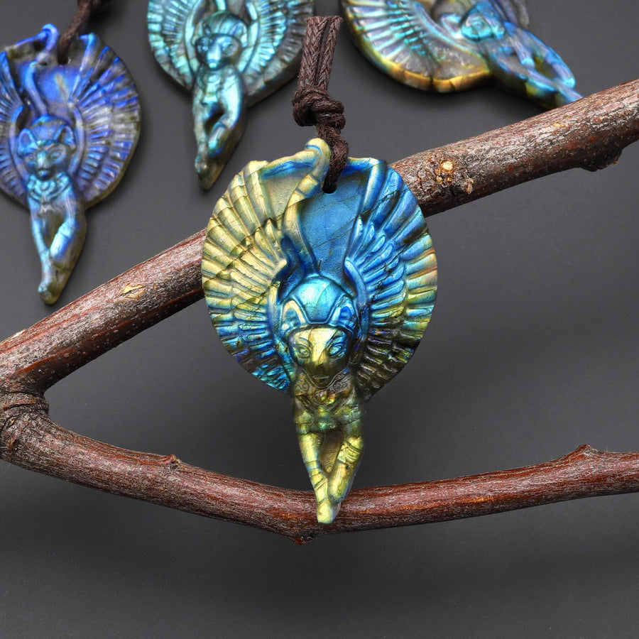 AAA Winged Sphynx Cat Pendant • Carved Labradorite Feline Angel • Goddess Totem • Flashy Labradorite Carving for Jewelry Making A1