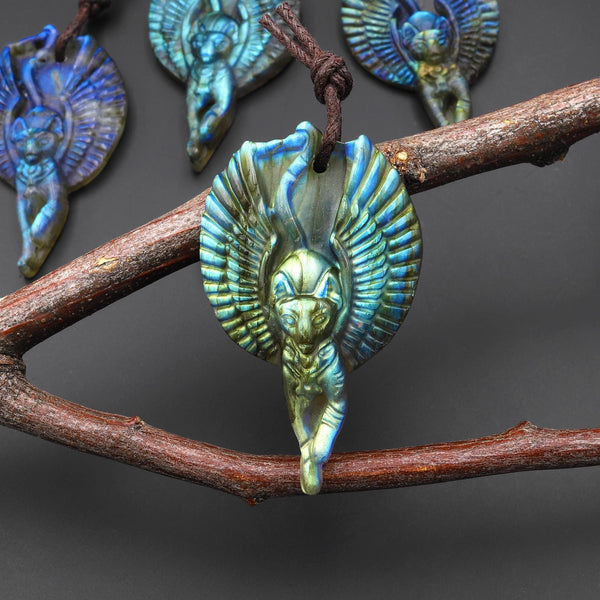 AAA Winged Sphynx Cat Pendant • Carved Labradorite Feline Angel • Goddess Totem • Flashy Labradorite Carving for Jewelry Making A2