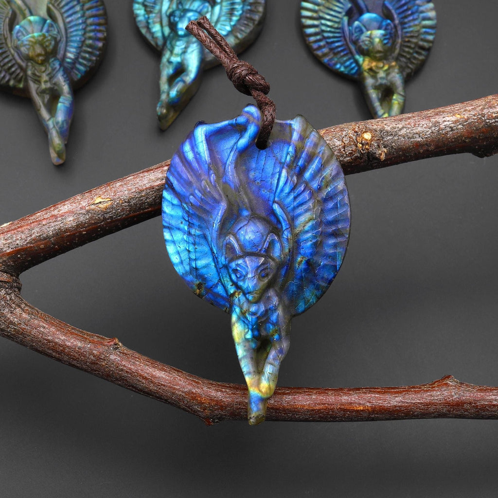 AAA Winged Sphynx Cat Pendant • Carved Labradorite Feline Angel • Goddess Totem • Flashy Labradorite Carving for Jewelry Making A5