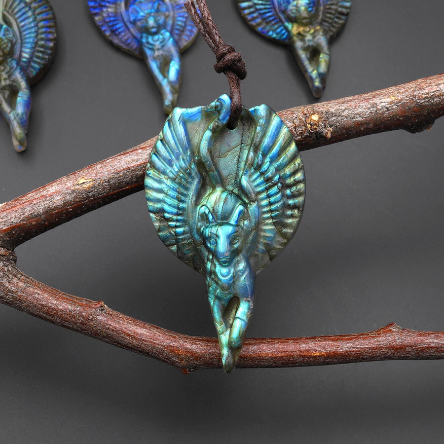 AAA Winged Sphynx Cat Pendant • Carved Labradorite Feline Angel • Goddess Totem • Flashy Labradorite Carving for Jewelry Making A6
