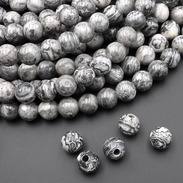 AAA Large Hole Beads 2.5mm 3mm Drill Natural Gray Map Jasper 6mm 8mm 10mm Round Beads 8" Strand