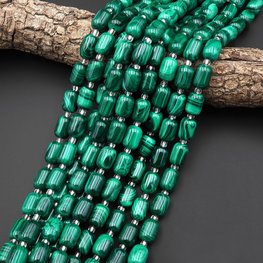 AAA Natural Green Malachite Smooth Cylinder Tube Beads 10x14mm 15.5" Strand