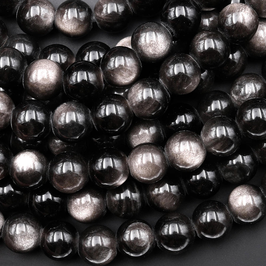 AAA Large Hole Beads 2mm 3mm Drill Natural Silver Obsidian 6mm 8mm 10mm 12mm Round Beads 8" Strand