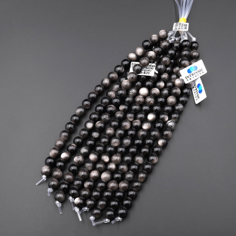 AAA Large Hole Beads 2mm 3mm Drill Natural Silver Obsidian 6mm 8mm 10mm 12mm Round Beads 8" Strand