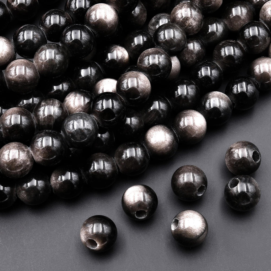 AAA Large Hole Beads 2mm 3mm Drill Natural Silver Obsidian 6mm 8mm 10mm 12mm Round Beads 8" Strand